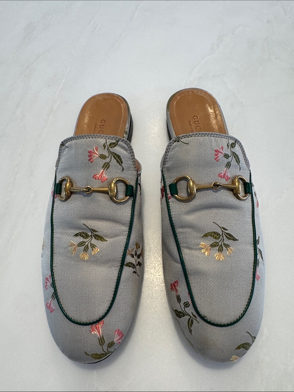 Gucci Embroidered Floral Horsebit Slip-On Loafers — Light Gray
